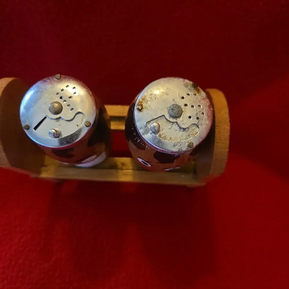 Vintage Wood Barware 3 pc set Salt Pepper Shakers Corkscrew Bottle Opener Faces